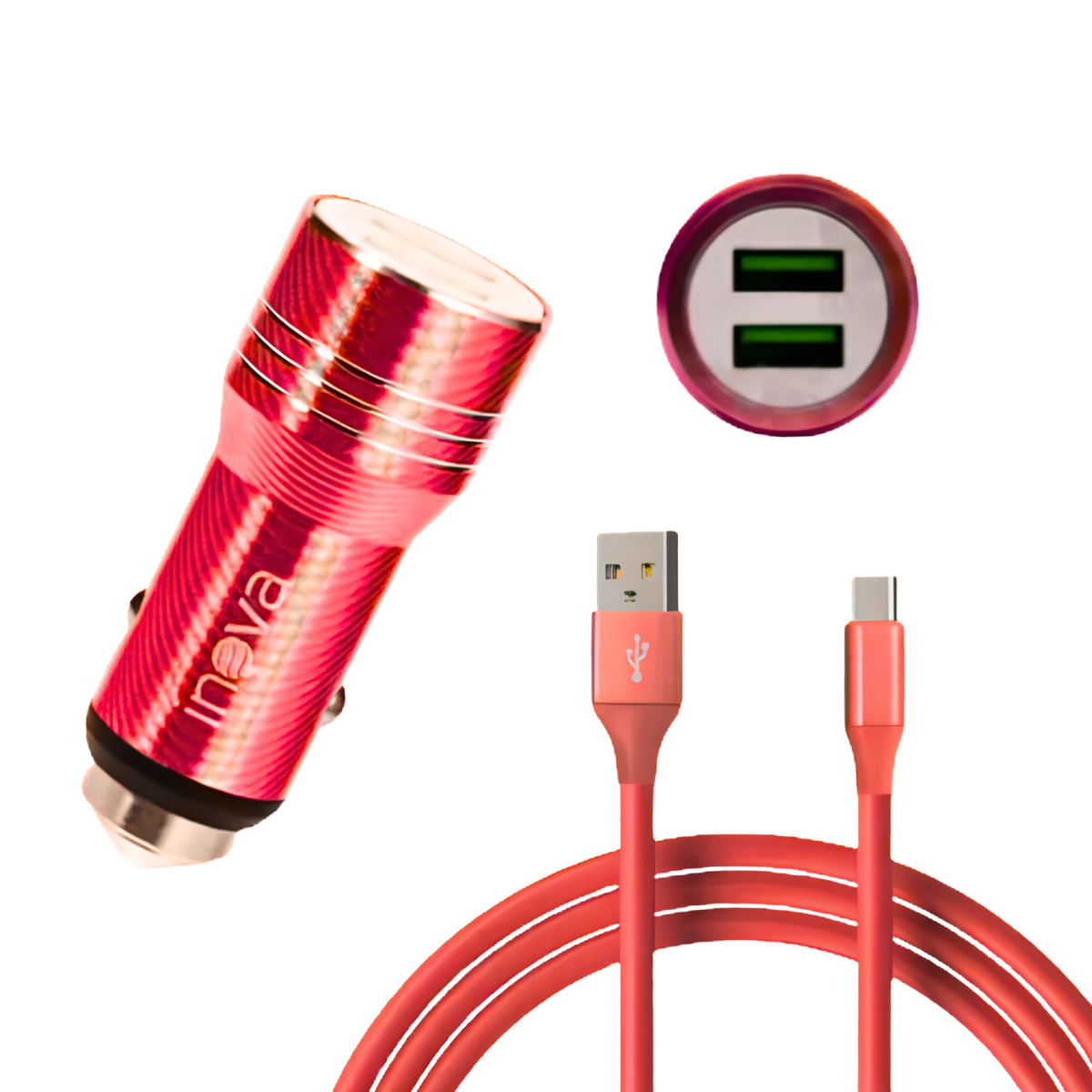 CARREGADOR VEICULAR USB DUPLO COM CABO TYPE-C 3.4A INOVA (CAR-8357) - VERMELHO
